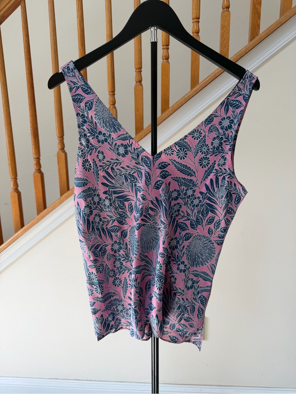 J. Crew Pink & Navy Botanical V-Neck Tank